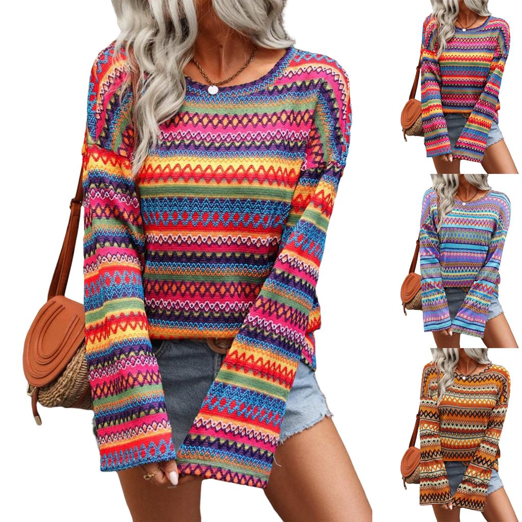 Damen Freizeit Langarm Strickpullover Lockerer Rundhals Pullover Leicht Dehnbar Gemustertes Oberteil für den Alltag