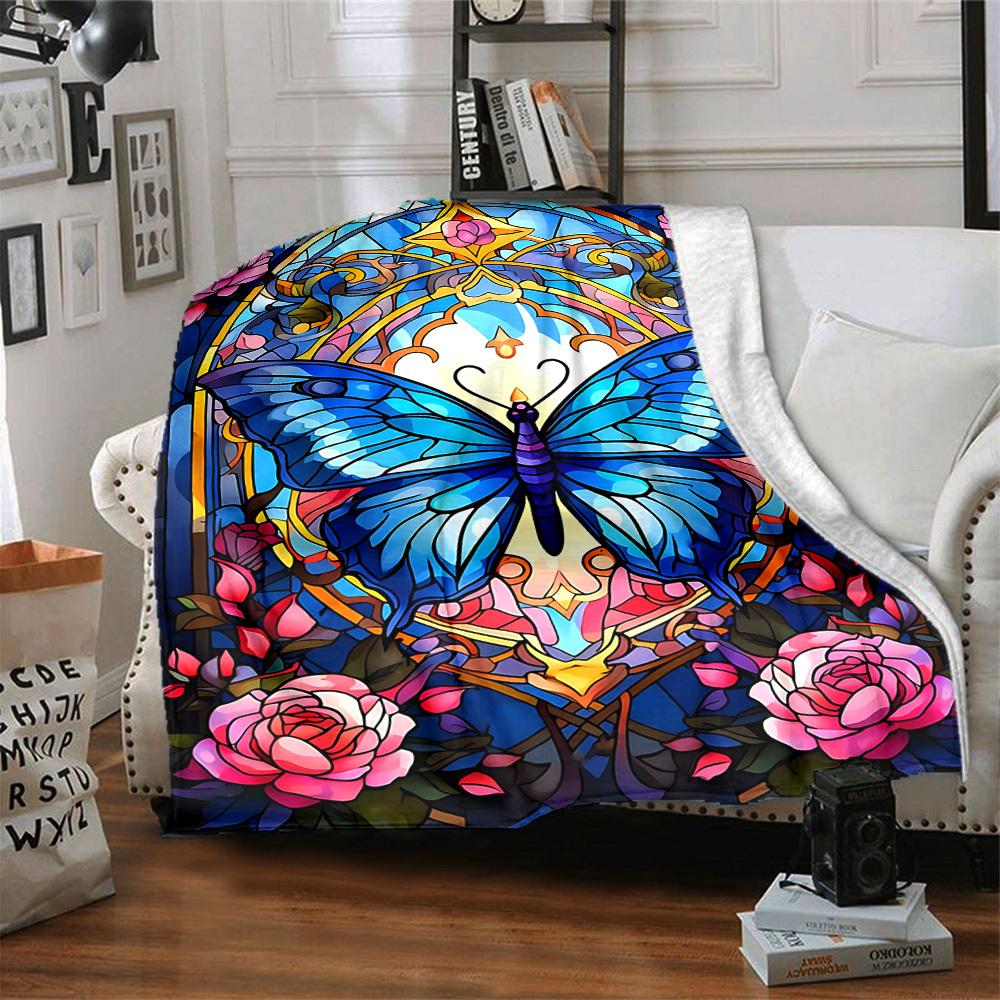 1pc Butterfly StainedGlass Lightweight Flannel Blanket, Comfortable and Warm Blanket, for Office and Camping Sofa Bed, Livingroom171