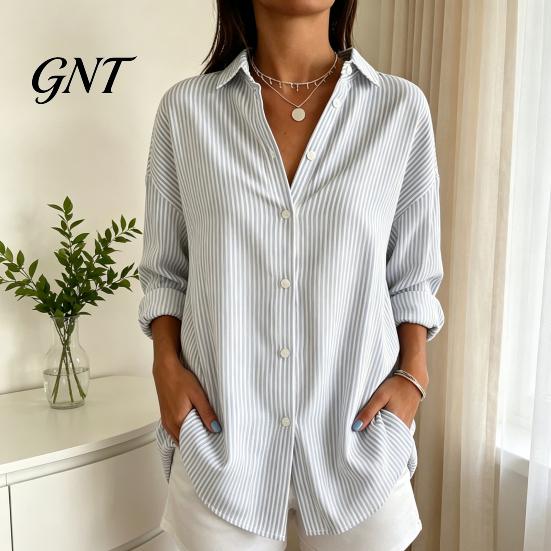 Office Work Tops Women Striped Shirt for Summer Autumn, Button Down Single Loose Fit Shirts Breasted Blouse, Dressy Casual Long Sleeve Collared