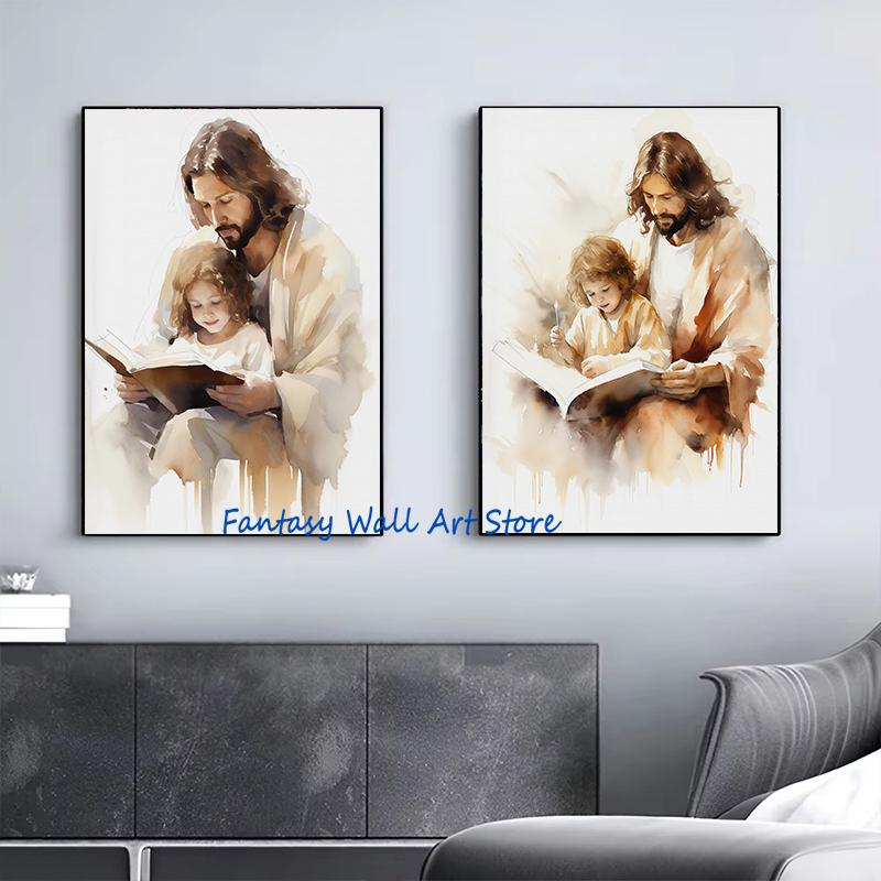 Jesus og Barn Kristus med Gutt Jesus Portrett Kristus Barnehage Akvareller Plakat Lerret Maleri Veggbilder Hjemmeinnredning