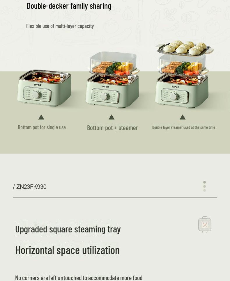 Supor ZN23FK930 Stainless Steel Three-Layer Electric Steamer with Visible Grid and Large Capacity.