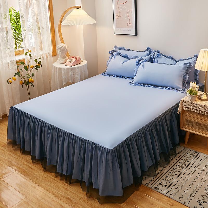Wholesale Brushed Washed Cotton Bed Skirt Modern Simple Dust Ruffle with 3D Mesh Lace Pleated Edge Non-Slip Mattress Protector Cover Machine Washable