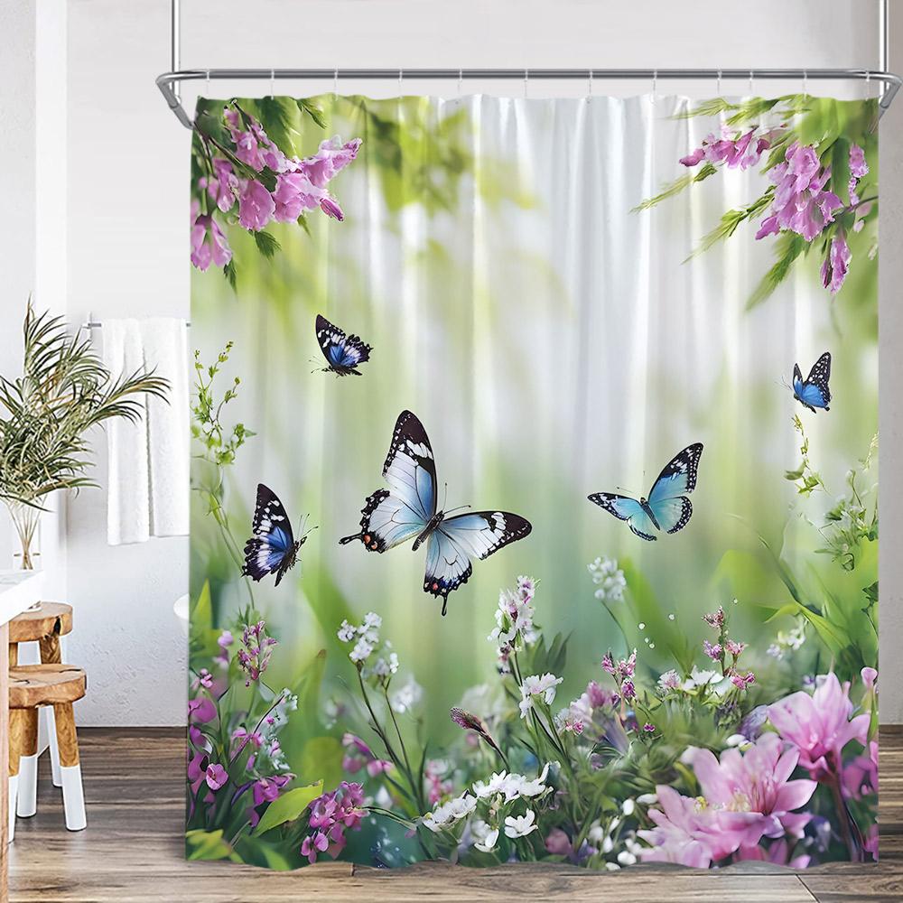 Colorful Butterflies Floral Shower Curtain Flowers Plants Blooming Blossom Bathroom Decorations Polyester Bath Curtain With Hook