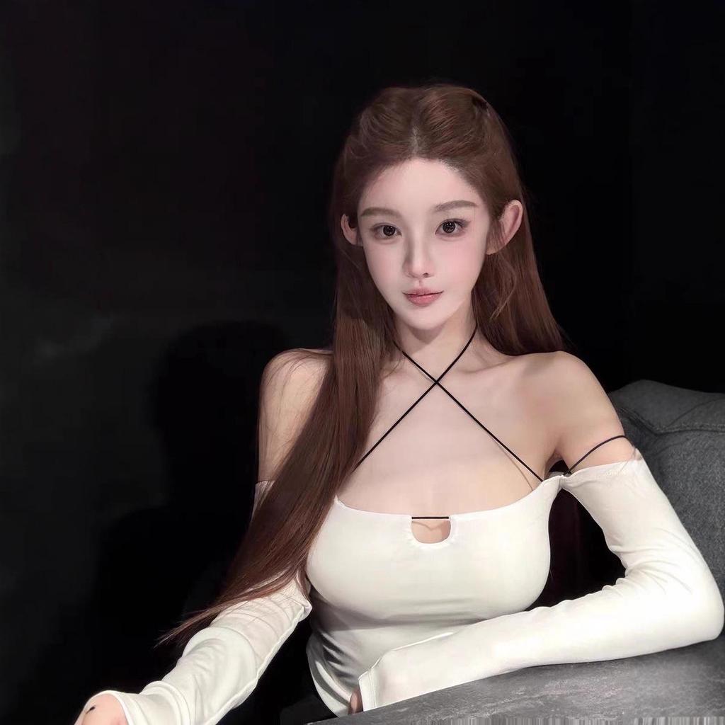 TZ7169 White One-Shoulder Long-Sleeve Slim-Fit Sexy Top for Women - Autumn/Winter Style