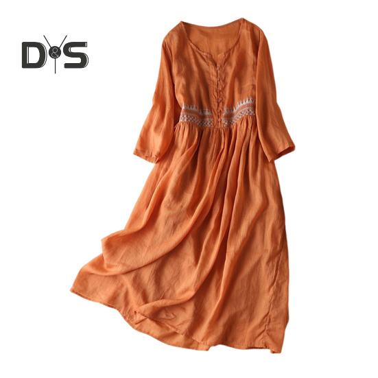 

Весеннее летнее платье с вышивкой и рукавом девятого цвета, свободное платье миди с круглым вырезом, легкое платье для офиса, летней пляжной вечеринки 3XL оранжевый