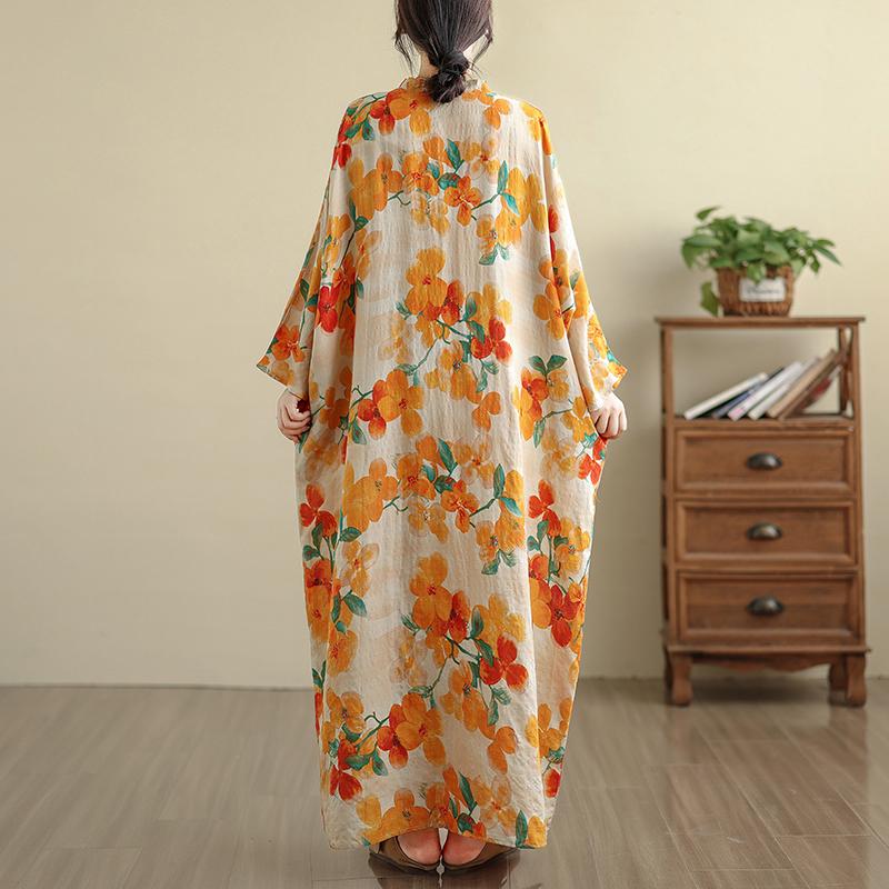 

DIMANAF 2025 Women Plus Size Spring Long Dress Loose V-Neck Printing Vintage Casual Floral Oversize Long Sleeve 5050 One Size