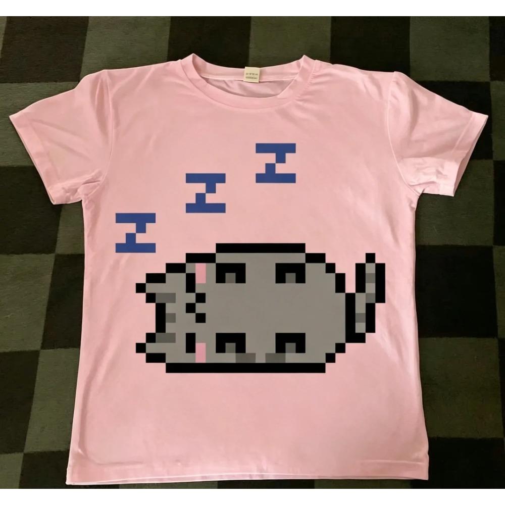 2026 Cute Sleepy Gray Pixel Cat Three Zzz Symbol Graphic T Shirt Simple Pixel Animal Print White Cotton Short Sleeve Tee