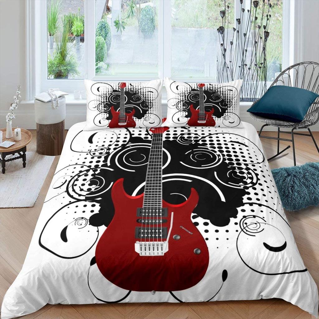 Guitar Duvet Cover Set King Queen Full Size Watercolour Style Polyester Comforter Cover For Kids Boys Girls Teens Bedding Set