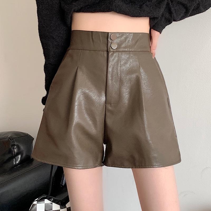 2025 Women's High-Waisted A-Line Black PU Leather Shorts - Autumn/Winter Slimming Wide-Leg Casual Booty Fit
