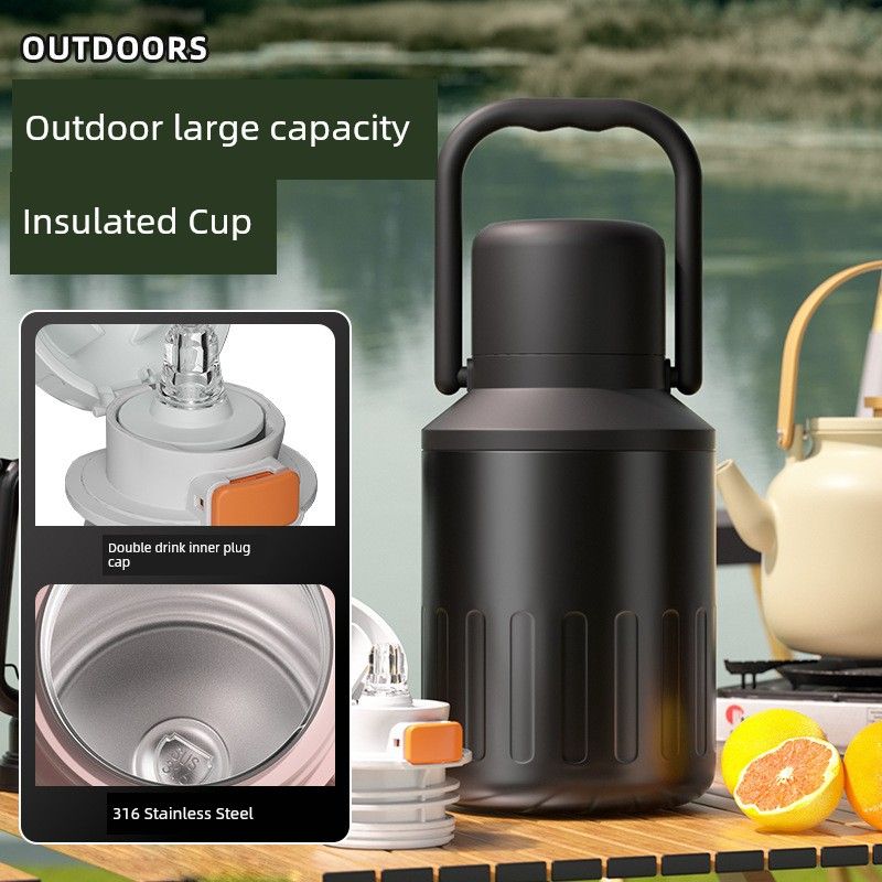 Steel Vacuum Large-Capacity Thermos Cup with High Aesthetic Value for Outdoor Sports and Fitness, Portable Water Bottle with Straw and Handle
