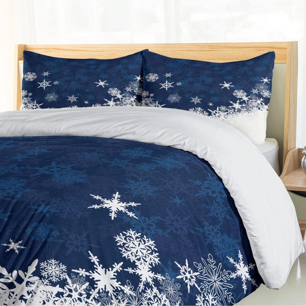 Christmas Themed Three-piece Quilt Cover Digital Printing Bedding Set Blue Snowflake Bed Cover