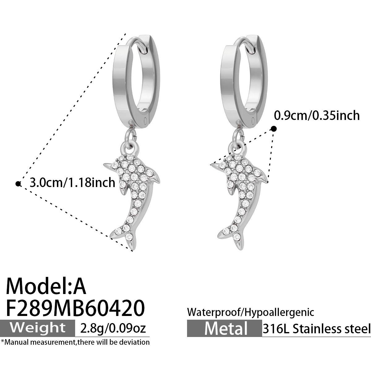 18K Gold-Plated Stainless Steel Dolphin Pendant Earrings with Zirconia