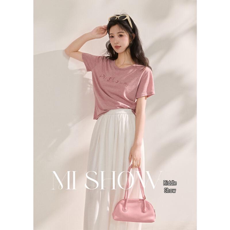 Mishow 2026 Summer Linen Blend Beaded Embroidered T-Shirt S