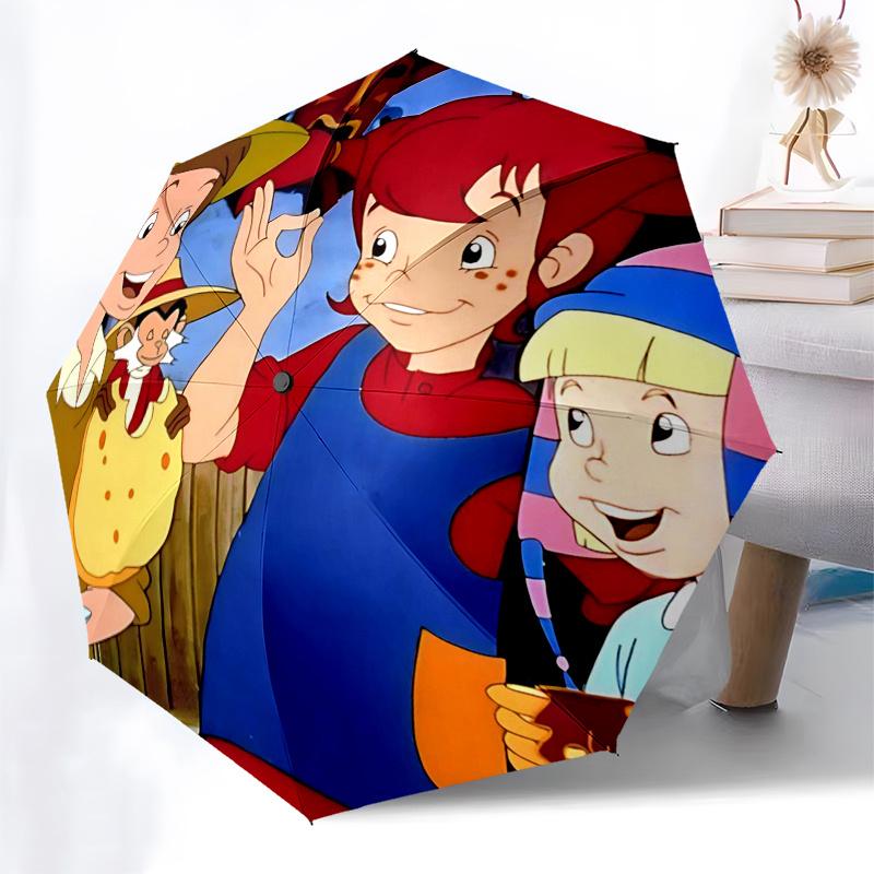 Ombrello da Viaggio a Tema Pippi Calzelunghe - 8 Stecche, Apertura e Chiusura Automatiche, Design Pieghevole Portatile, Ombrello Compatto ed Elegante Adatto
