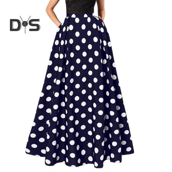 

Женская макси-юбка с высокой талией, цветной горошек, ретро-силуэт, большой подол, боковые карманы, свободная полная длина, мягкая эластичная талия, длинная юбка для выпускного вечера 4XL темно-синий