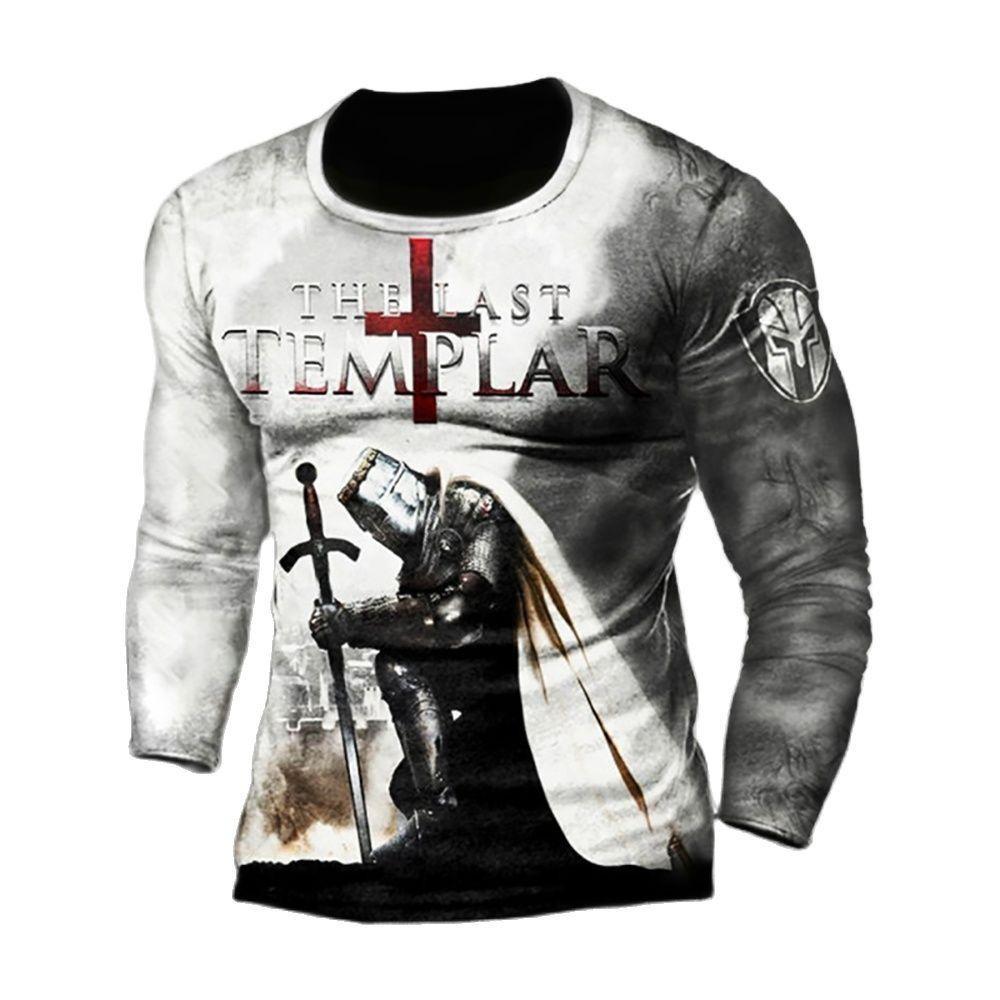 Templar Knight  Print Retro Fashion Casual Men's Round Neck Long Sleeve Street Hip Hop Extra Large Speed Drying Wearing T-shirt
