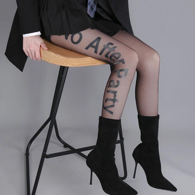 Gothic Punk Letter Printed Tights Ultra Thin Transparent Silk Medias De Mujer Fake Tattoos Pantyhose Pole Dance Clubwear