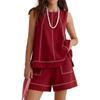 Women's two-piece shorts set Summer round neck sleeveless vest drawstring elastic waist shorts with pockets