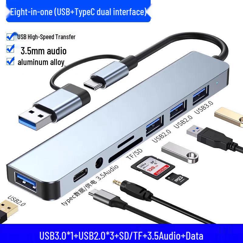 USB Type-C Multi-Port Hub & Card Reader with 8 Ports, USB 3.0