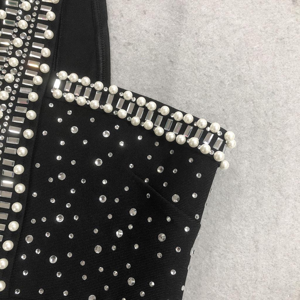 2025 Autumn/Winter European Fashion Pearl Rhinestone Halter Bandage Dress