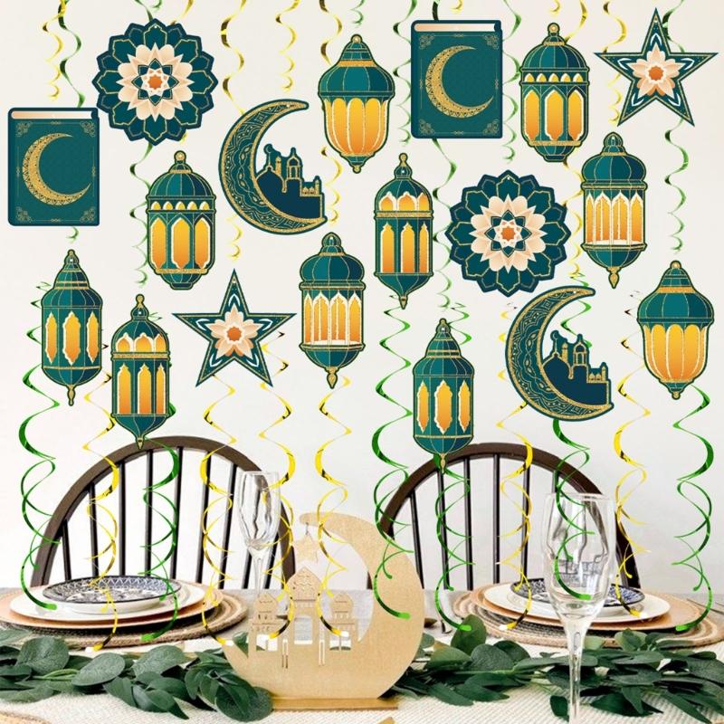 48 Pieces Spirals Party Decoration with Authentic Moon Star Designs Ramadans Accessories for Celebration and Gatherings