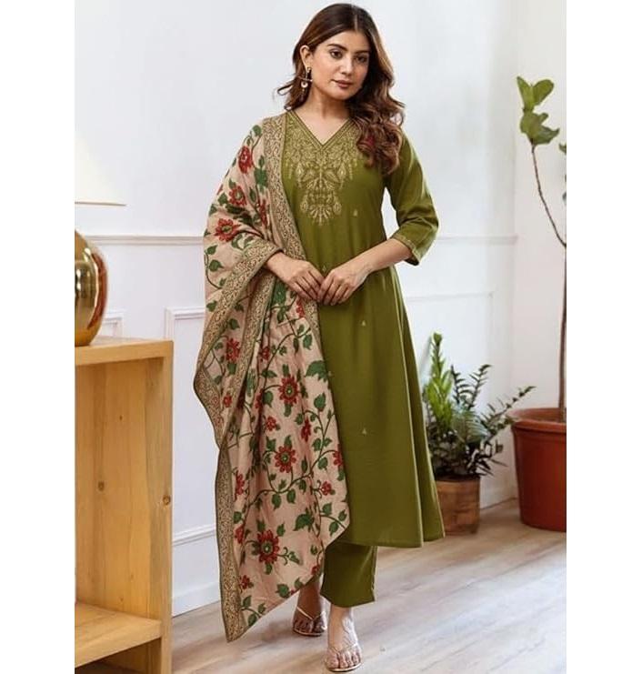 Women Designer Embroidery Straight Kurta and Pant Set with Dupatta Set S зелёный