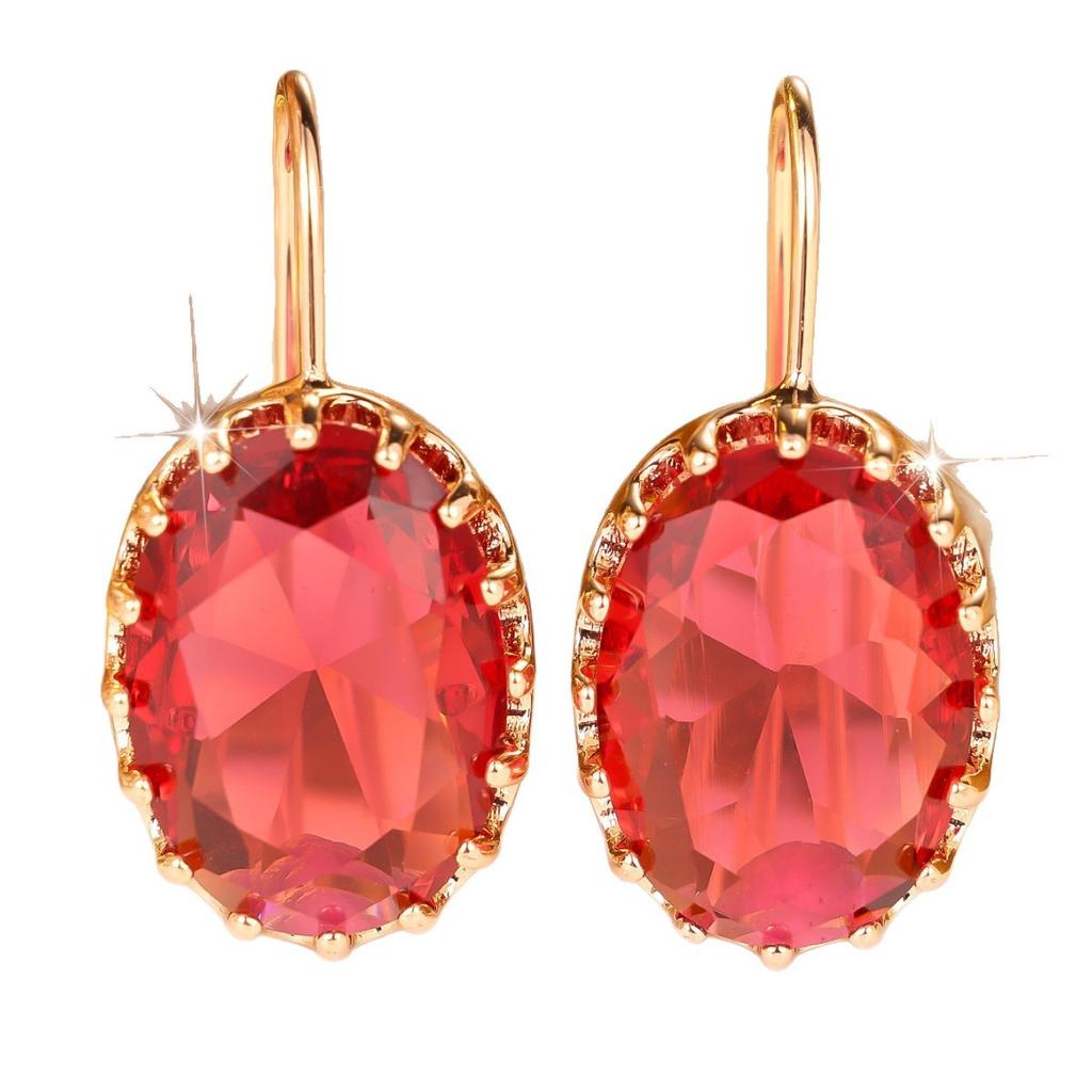 Big Oval Stone Rose Red Crystal Zircon Dangle Earrings for Women Vintage Gold Color Long Hook Drop Earring Wedding Jewelry Gifts