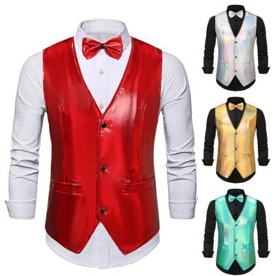 Men Vest Bow Tie Set Glossy Surface V Neck Single-breasted Sleeveless Adjustable Back Buckle Pockets Retro Disco Groom Wedding Party Waistcoat