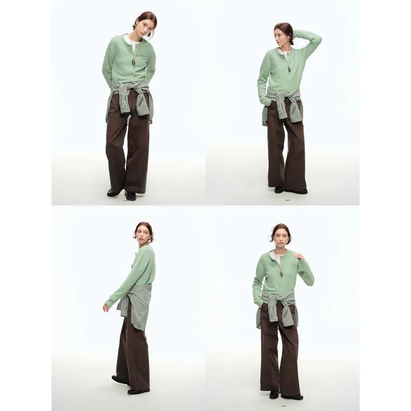 New Retro Curly Edge Round Neck Slim Wool Knitted Cardigan Sweater for Women with Casual Loose Versatile Top