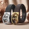Men's Vintage Automatic Buckle Belt - Black Casual Genuine Leather with Golden-Tone Embossed Design, Gift for Husband or Father