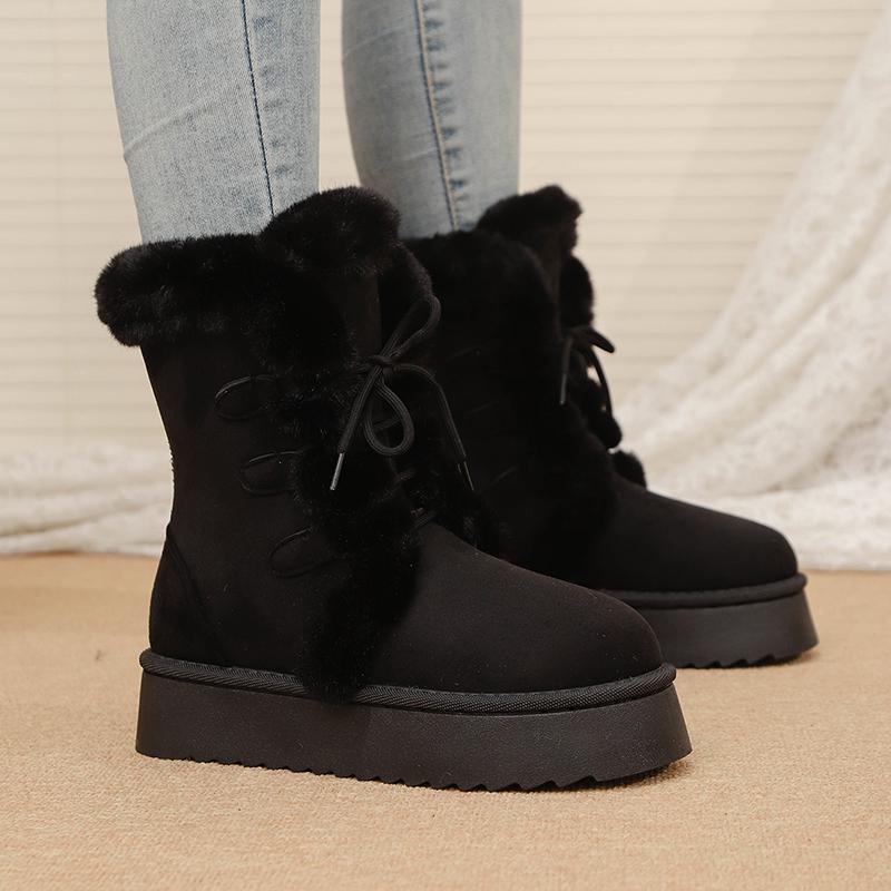 Women's Winter Warm Fur Snow Boots Lace Up Fluffy Plush Platform Ankle Boots for Women Thick Bottom Non Slip Cotton Padded Shoes