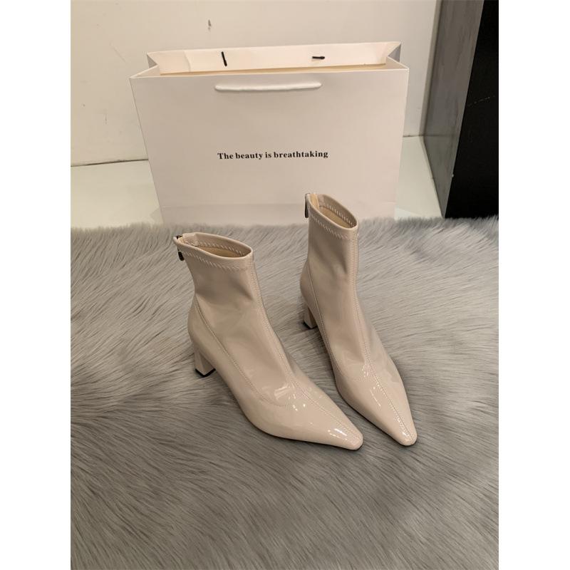 High-heeled short boots women's 2025 new autumn and winter design sense niche pointed thin boots patent leather thick-heeled boots leather shoes