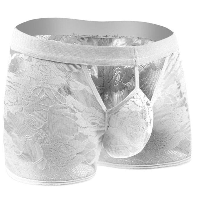 Men'S Floral Lace Boxer Open Front Bugle Pouch Sissy Lingerie Underwear Sexy See Through Underpants Trunks Crossdress Panties