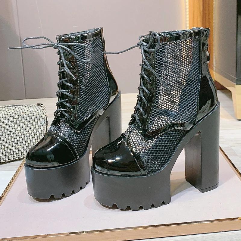 

Fashion Women Mesh Breathable Party Female Thick High Heels Lace-up White Summer Black Sexy Ladies Sandals Ankle Boots Shoes 34