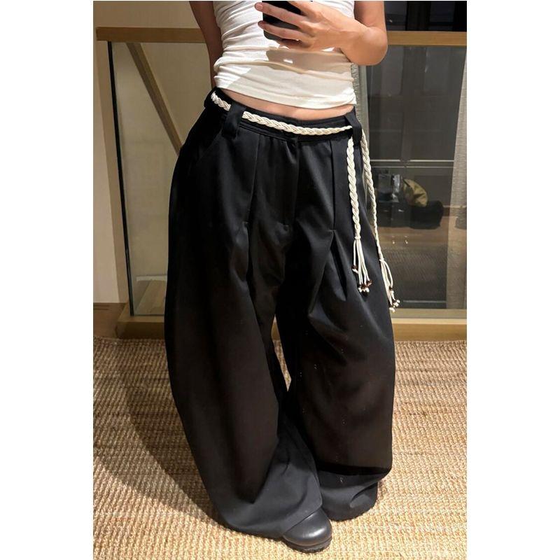 

Американский винтаж Черные Брюки-костюм с изогнутым ножом Женские 2025 Весна Уличные Высококачественные Свободные Плиссированные Брюки-профиль Широкие брюки Black M