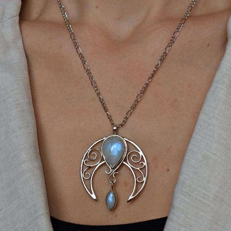 Vintage Silver Hollow Moon Necklace for Women Female Inlaid Water Drop Moonstone Necklaces Bohemian Jewelry Party Gifts