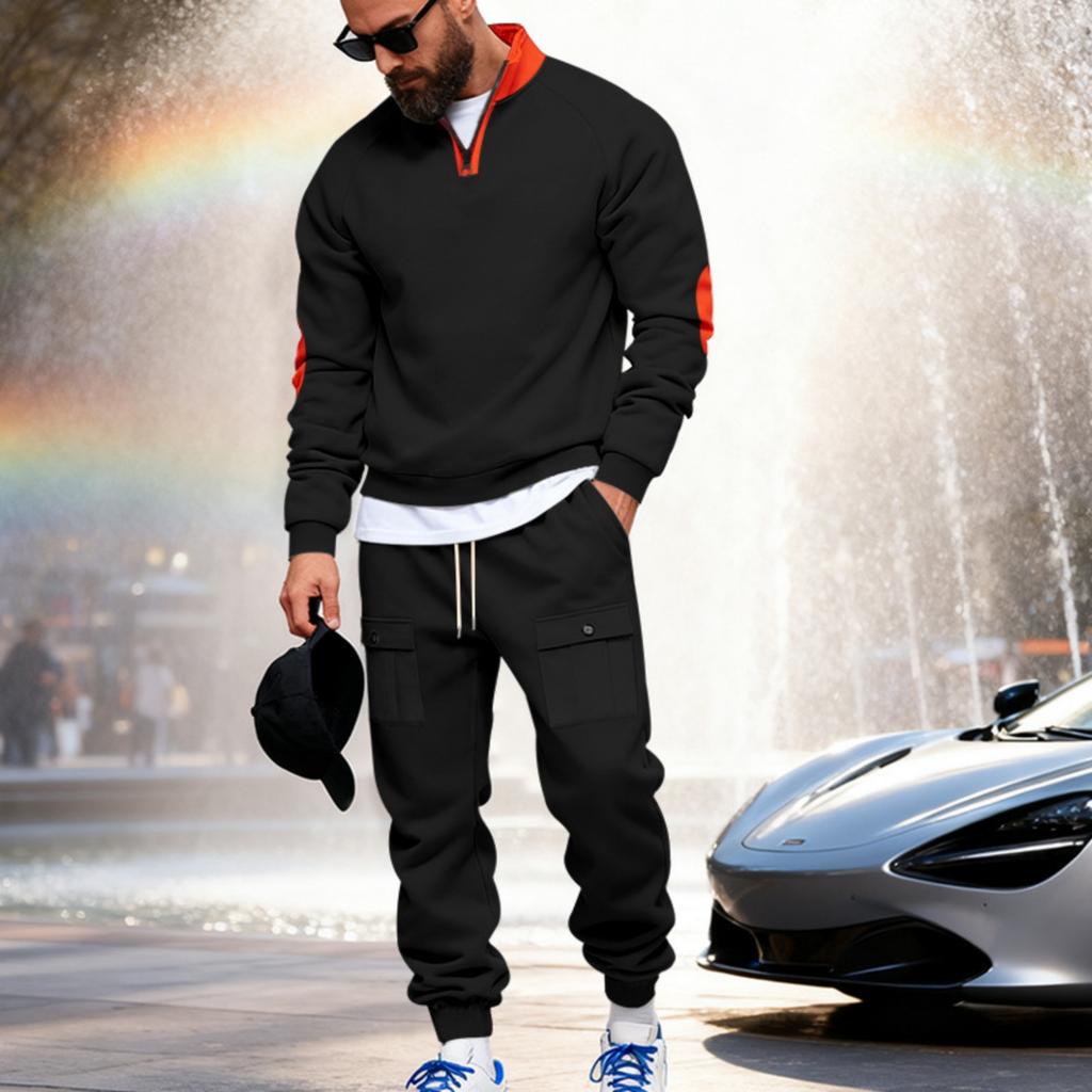 Men's Casual Heavy-duty Fleece Loose Stand-up Collar Casual Sweatshirt, Men's Sportswear Workwear Sweatshirt And Pants Set