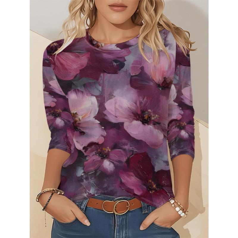 Artistic Landscape Painting Pattern, Slim Fit, Casual Round Neck, Long Sleeves, Everyday Creative Oil Painting Design Pattern.