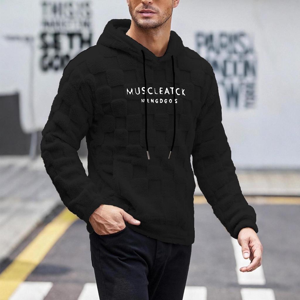 2025 Autumn/Winter Men's Embroidered Fur Hoodie with Drawstring