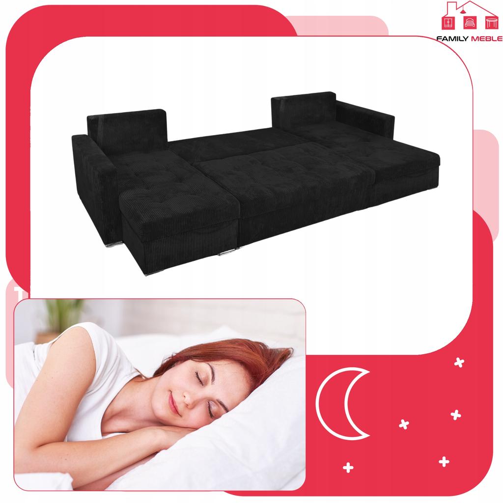Bonito BIG Corner Sofa Bed Family Meble Corduroy Black