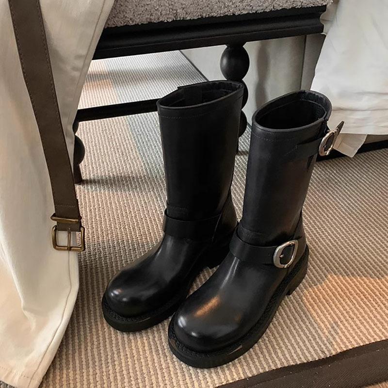 Cowhide Version~ Grape Mother Retro Martin Boots Metal Buckle Round Head Knight Boots Polished Locomotive Stack Short Boots Women