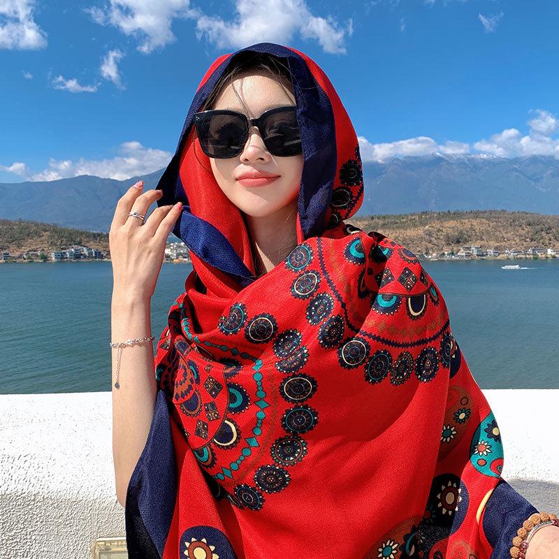 Ethnic Style Silk Scarf: Women's Sunscreen Shawl & Beach Towel