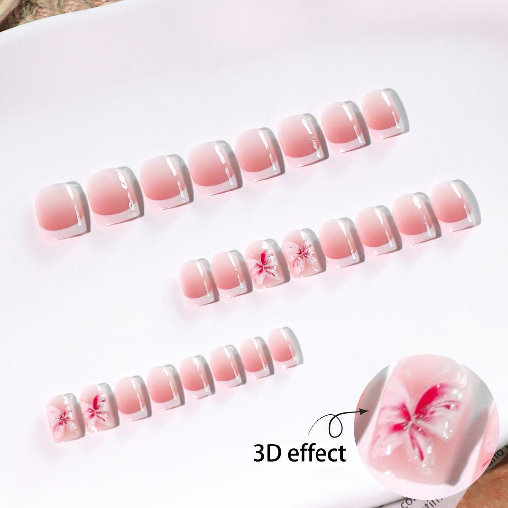 24 Pcs French Tip Press On Nail Short Square False Nail 3D Flowers Acrylic Nail Glossy Full Cover Stick On Nail