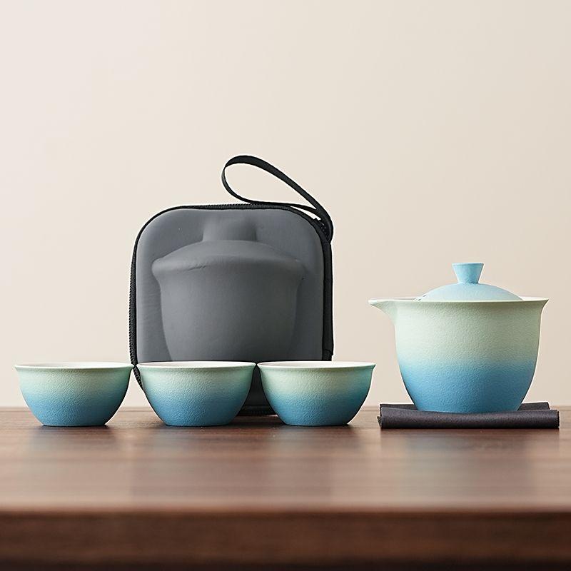 Gradient Travel Tea Set, Ceramic Kuai Ke Cup Portable Package Outdoor Minimalist Style Cup Office Use, One Pot with Three Cups