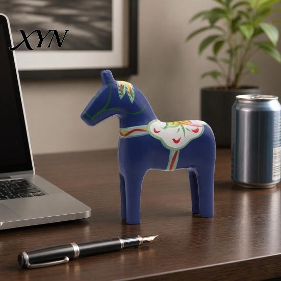 Nordic Home Decor Horse Hand Painted Dala Trojan Figurine, Solid Wood Traditional Swedish Statue, Rustic Decorative Tabletop Ornament for Farmhouse