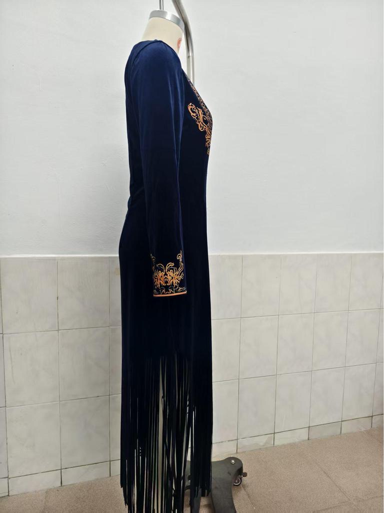 2025 Vintage Bohemian Tassel Floral V-neck Dress for Women – Spring/Autumn