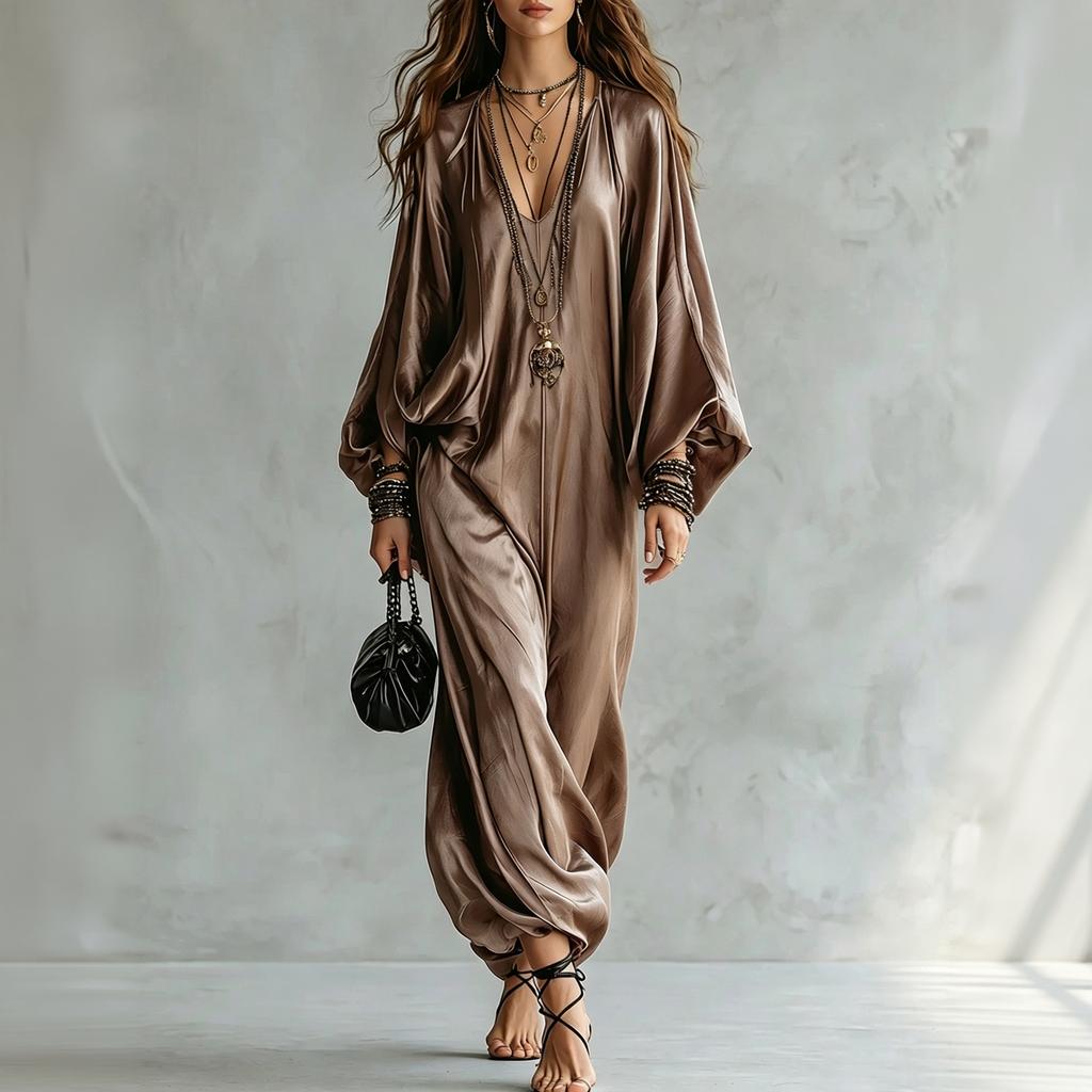 Women's Elegant Satin Jumpsuit Plus Size Loose Fit Casual Long Robe