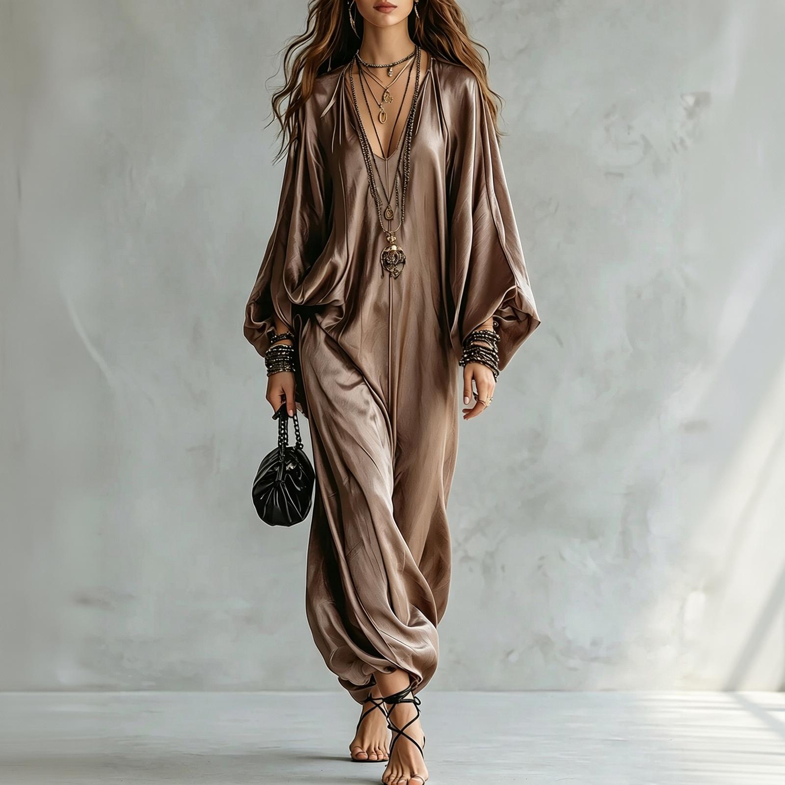 Damen Elegante Satin-Jumpsuit Übergröße Lockerer Schnitt Lässiges Langes Gewand L kamelfarben