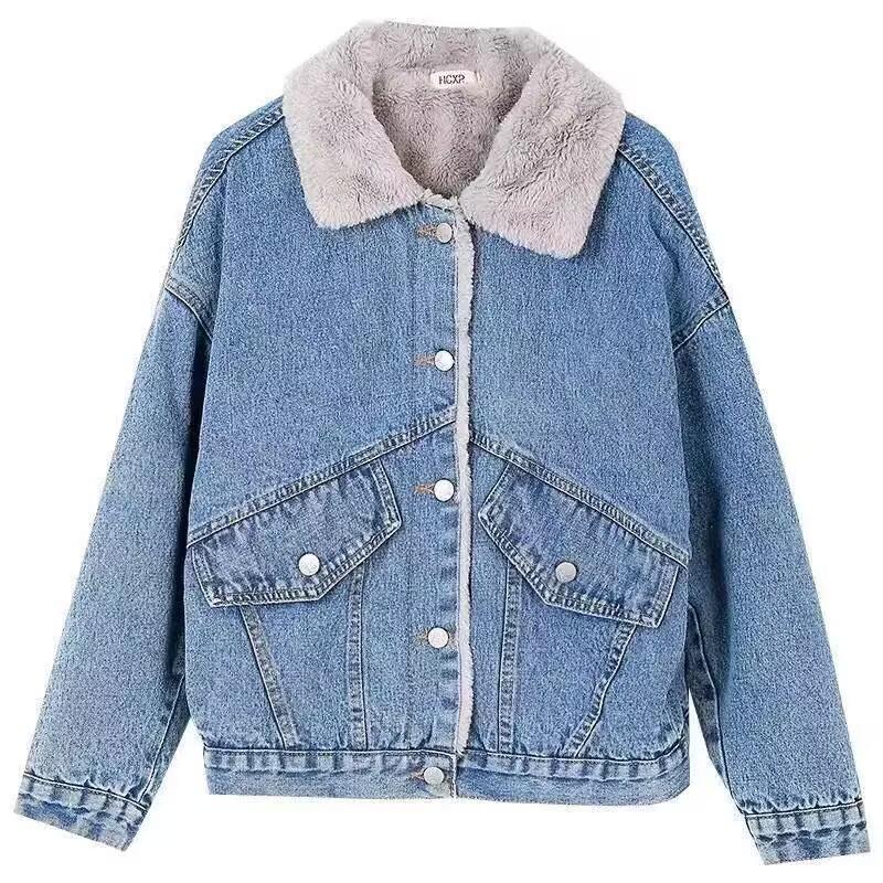Veste d'hiver en jean pour femme avec capuche et doublure en laine d'agneau