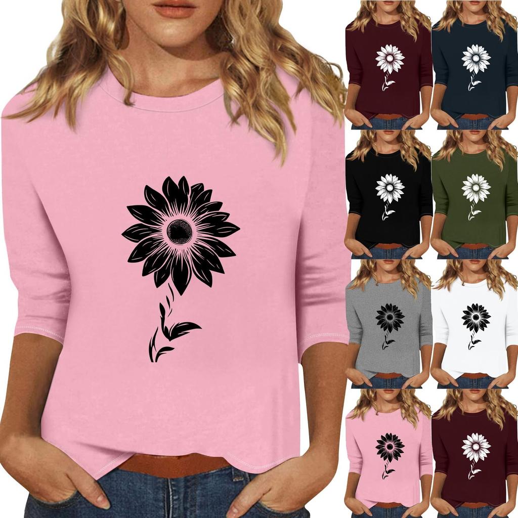 Women's Fashionable Casual Three Quarter Sleeve Printed Collar Pullover Top
